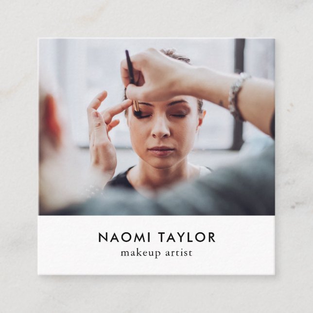 Modern white makeup artist photo elegant simple square business card (Front)