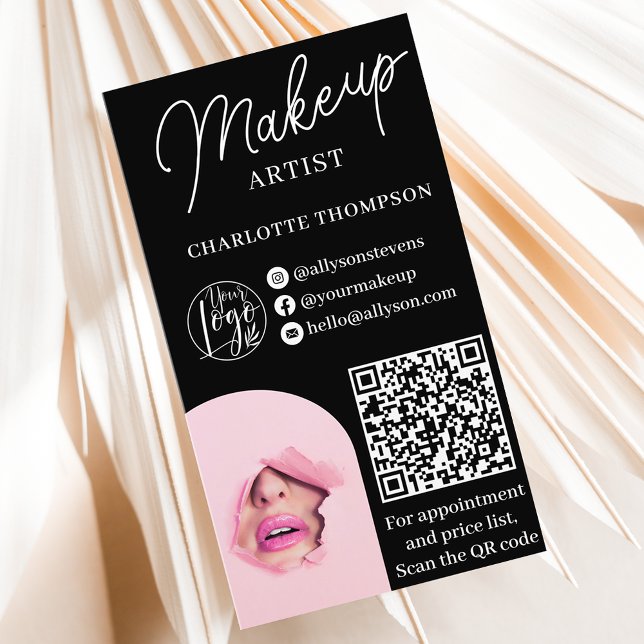 Modern white makeup logo Qr code 2 photos Business Card (Modern white on black makeup logo Qr code 2 photos Business Card)