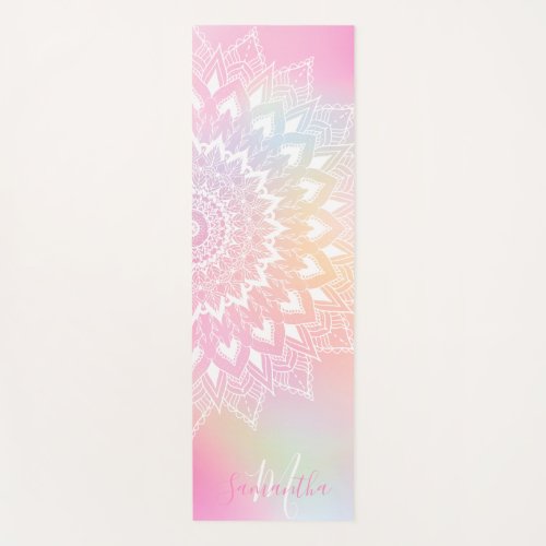 Modern white mandala girly pastel rainbow monogram yoga mat
