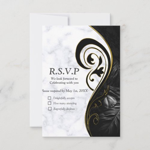 Modern White Marble Black Abstract RSVP Card
