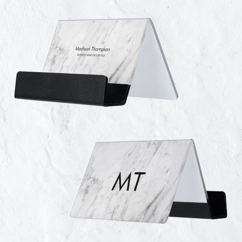 Modern White Marble  Black Monogram Desk Business Card Holder