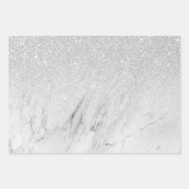 Modern White Marble Chic Silver Glitter Wrapping Paper Sheets (Front)