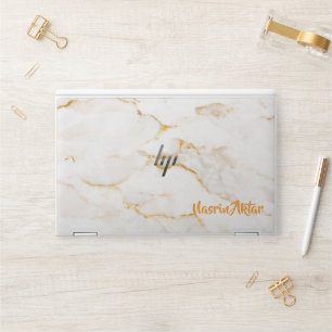 Modern White marble Cracked Gold & Name HP Laptop Skin