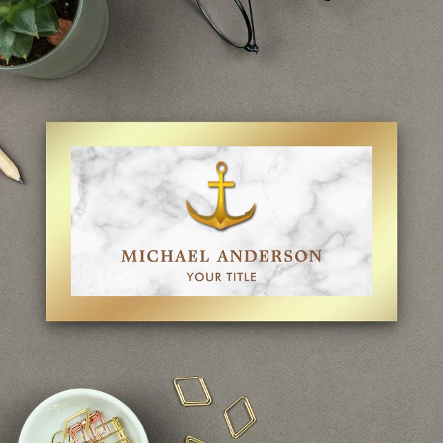 Modern White Marble Faux Gold Foil Nautical Anchor Business Card (Creator Uploaded)