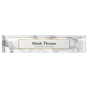Modern White Marble Faux Gold Frame Desk Name Plate