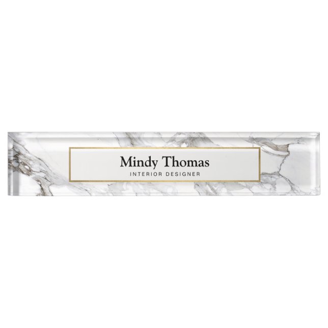 Modern White Marble Faux Gold Frame Desk Name Plate (Front)