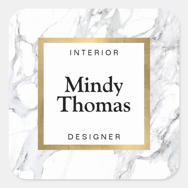 Modern White Marble Faux Gold Frame Square Sticker (Front)