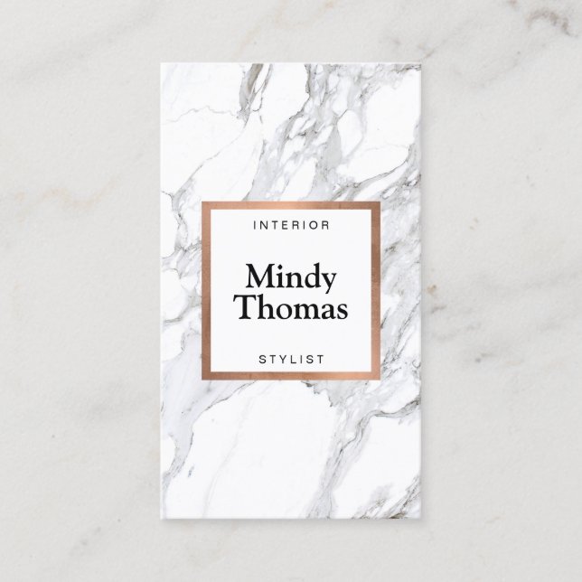 Modern White Marble Faux Rose Gold Frame Business Card (Front)