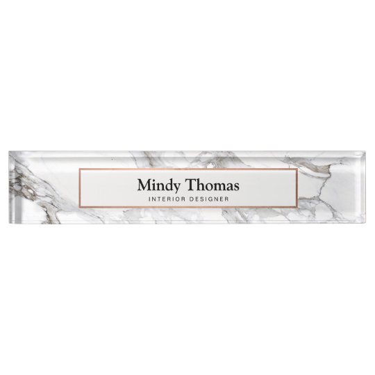 Modern White Marble Faux Rose Gold Frame Desk Name Plate Zazzle Com