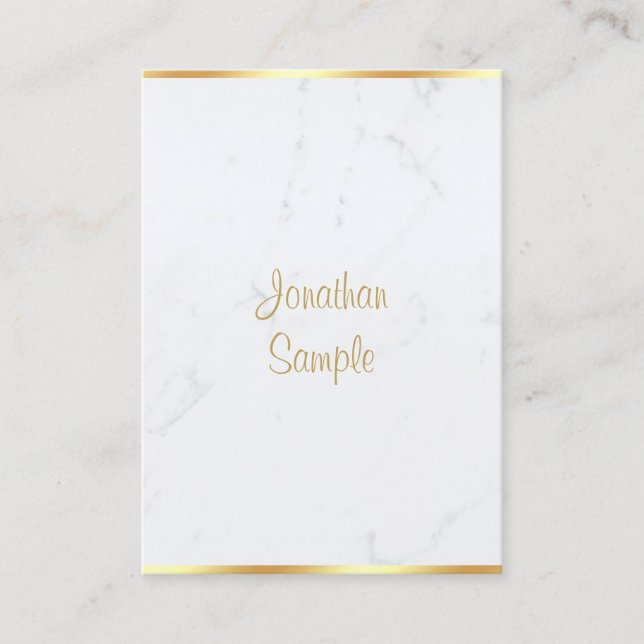 Modern White Marble Gold Script Luxurious Template Business Card (Front)