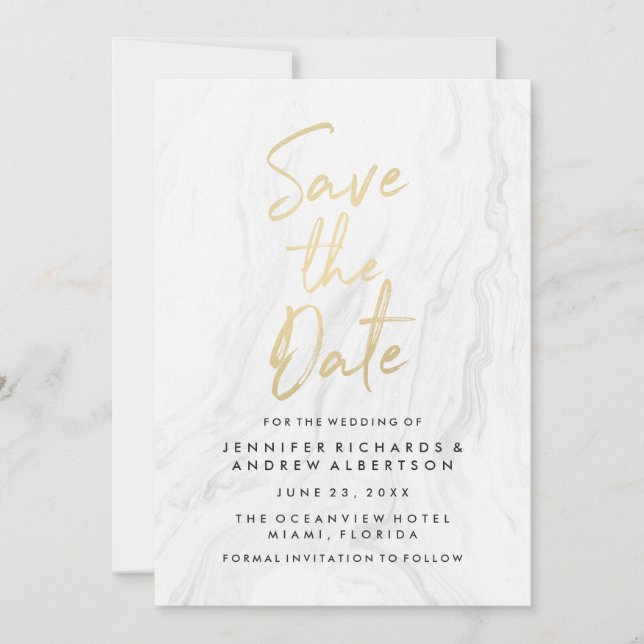 Modern White Marble Gold Script | Save The Date (Front)