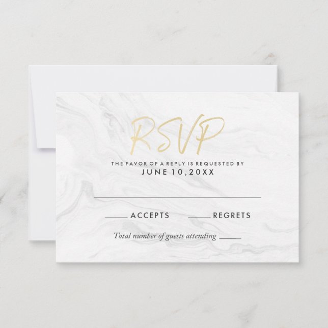 Modern White Marble Gold Script | Wedding RSVP Card (Front)
