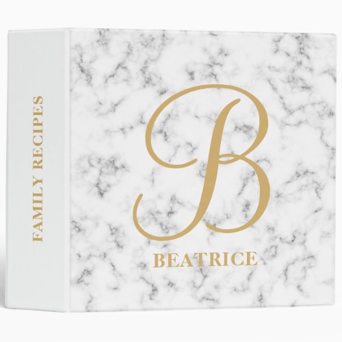 Modern white marble gold typography name monogram 3 ring binder