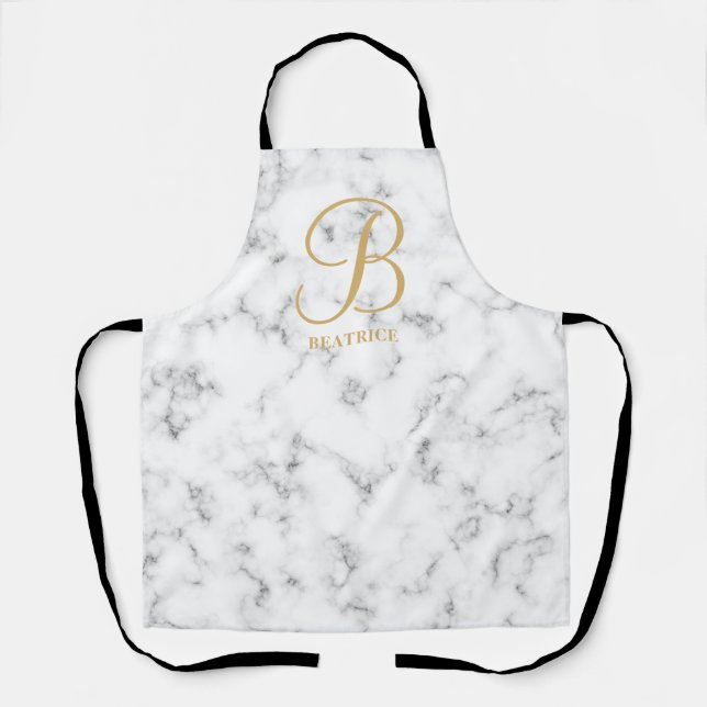 Modern white marble gold typography name monogram apron (Front)