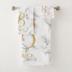 Modern white marble gold typography name monogram bath towel set