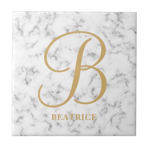 Modern white marble gold typography name monogram ceramic tile