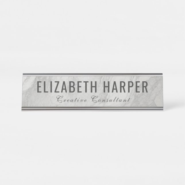 Modern White Marble & Gray Professional Custom Desk Name Plate (Front)