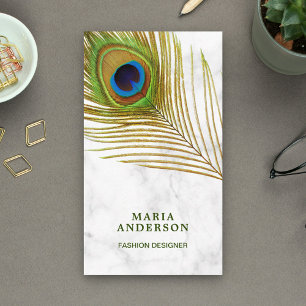 Modern White Marble Green Indian Peacock Feather Business Card
