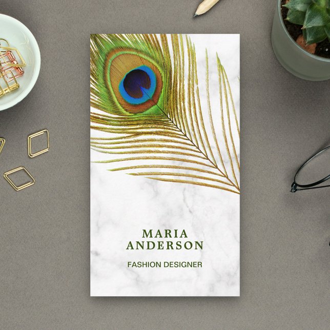Modern White Marble Green Indian Peacock Feather Business Card (Creator Uploaded)