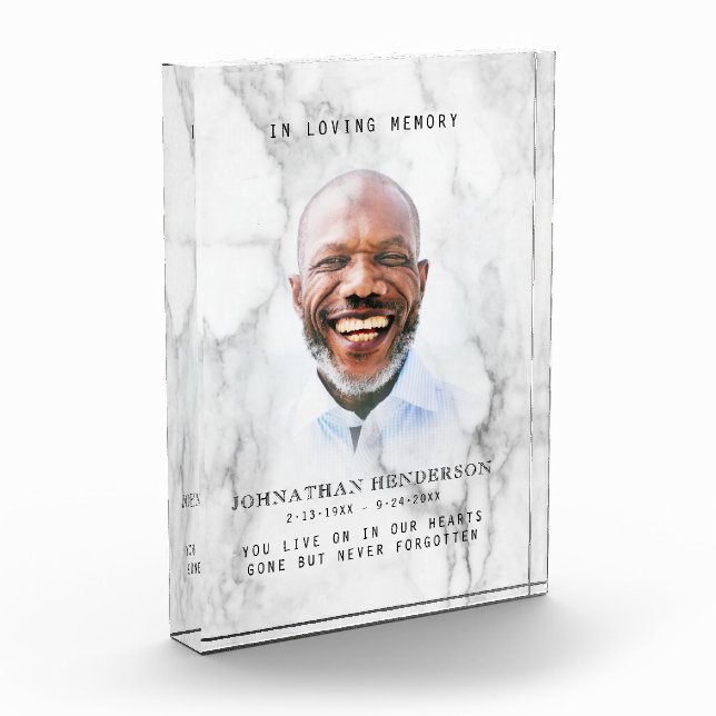 Modern White Marble In Loving Memory Photo Tribute Block (Left)