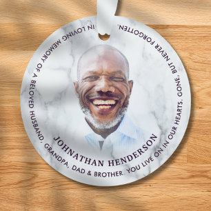 Modern White Marble In Loving Memory Photo Tribute Ornament