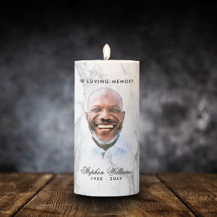 Modern White Marble In Loving Memory Photo Tribute Pillar Candle
