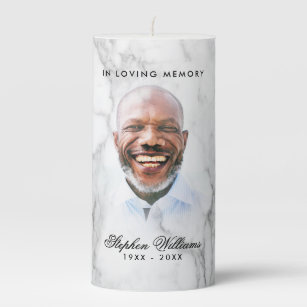 Modern White Marble In Loving Memory Photo Tribute Pillar Candle