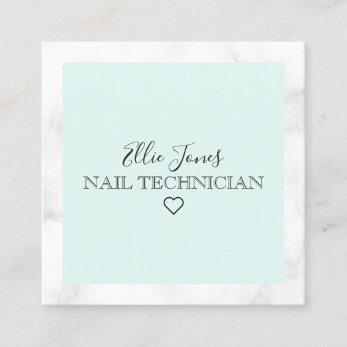 Modern white marble  mint green nail technician square business card