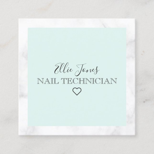 Modern white marble & mint green nail technician square business card (Front)
