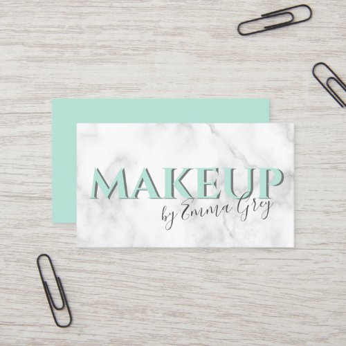 Modern white marble  mint green typography makeup business card
