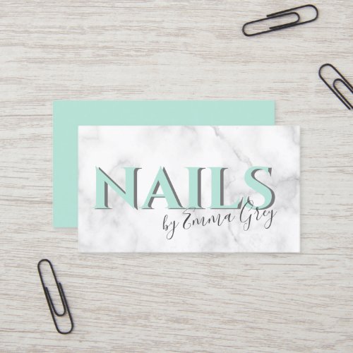 Modern white marble  mint green typography nails business card