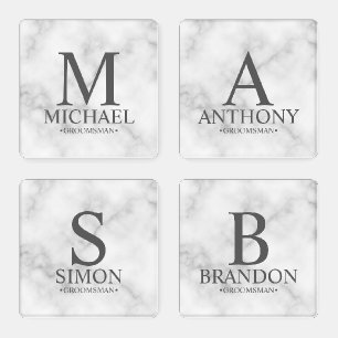 Modern White Marble Monogram and Name Groomsman Coaster Set