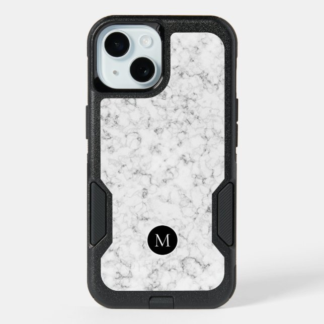 Modern White Marble Monogram iPhone 15 Case (Back)