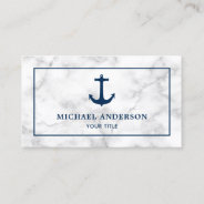 Modern White Marble Navy Blue Nautical Anchor Business Card at Zazzle