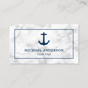Modern White Marble Navy Blue Nautical Anchor Business Card