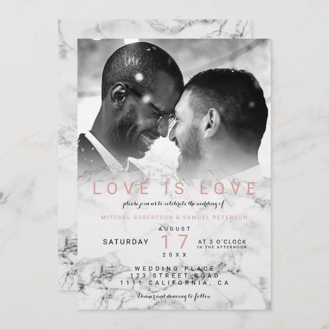 Modern white marble ombre photo gay wedding invitation (Front/Back)