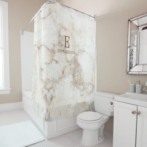 Modern white marble pattern family monogram name shower curtain