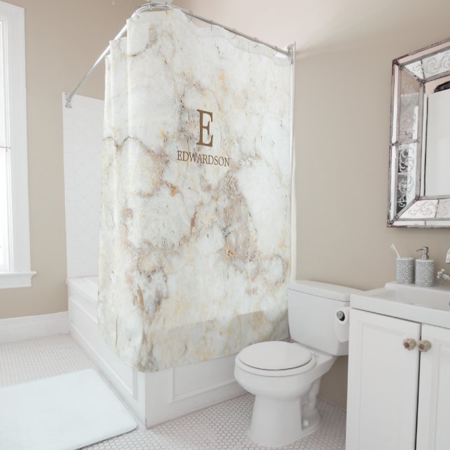 Modern white marble pattern family monogram name shower curtain (In Situ)