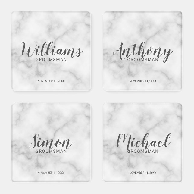 Modern White Marble Personalized Groomsmen Coaster Set (Set)