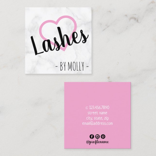 Modern white marble & pink heart lashes square business card (Front/Back)
