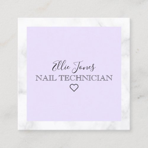 Modern white marble  purple nail technician square business card