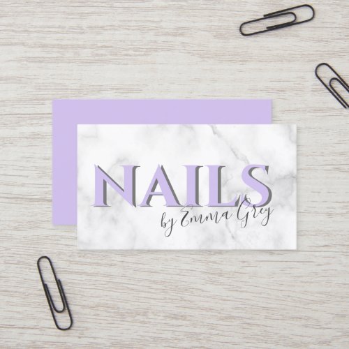 Modern white marble  purple typography nails business card