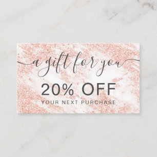 Modern white marble rose gold glitter typography discount card