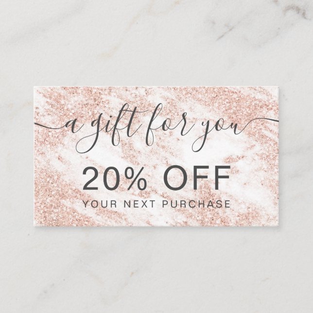 Modern white marble rose gold glitter typography discount card (Front)