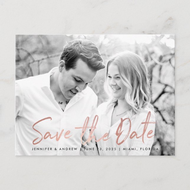 Modern White Marble Rose Gold Script Save The Date Announcement Postcard (Front)