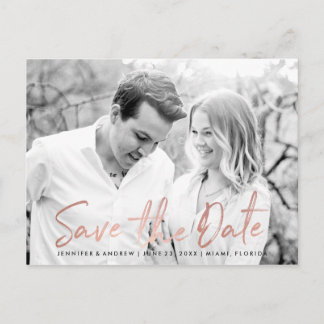 Modern White Marble Rose Gold Script Save The Date Announcement Postcard