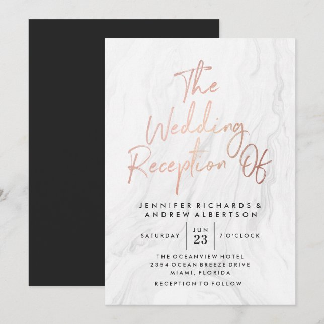 Modern White Marble Rose Gold Script | Wedding Invitation (Front/Back)