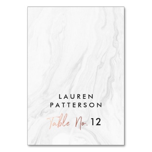 Modern White Marble Rose Gold Script Wedding Place Table Number