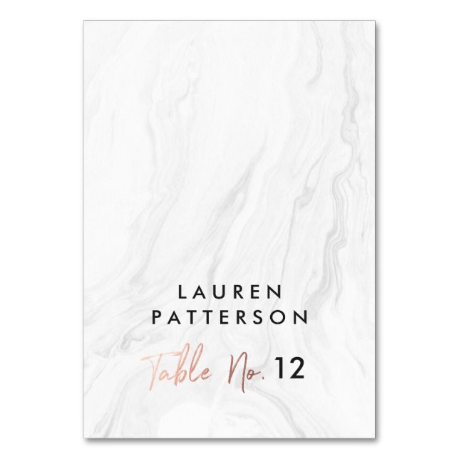 Modern White Marble Rose Gold Script Wedding Place Table Number (Front)