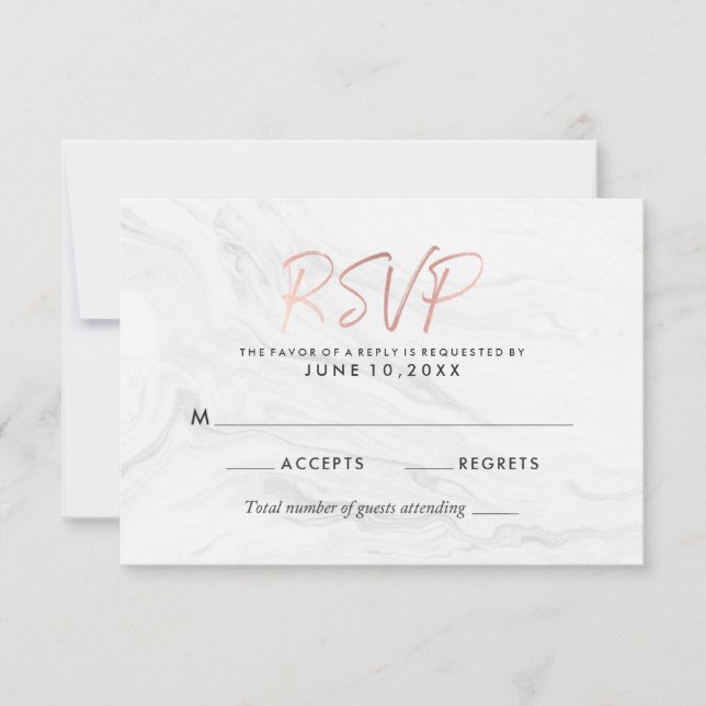 Modern White Marble Rose Gold Script Wedding RSVP Card (Front)